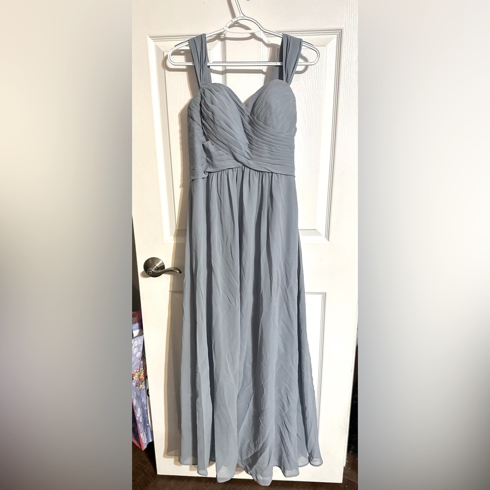 Women’s Dusty Blue Off Shoulder, Corset Lace-Up Azazie Bridesmaids Dress, A10